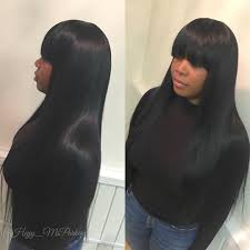 First, to style your weave with bangs, make sure your hair is a little damp because this helps make your hairstyle easier. Winter Bangs Full Sewin No Leave Out Hair Provided By Me 20 22 24 Custom Colored Jet Black Njsty Long Weave Hairstyles Full Bangs Long Hair Hair Styles