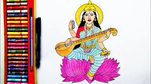 Goddess of knowledge &arts goddess saraswati devi, the goddess of knowledge and arts, represents the free flow of wisdom and consciousness. How To Draw Saraswati Mata Easy Saraswati Devi Drawing By Drawing Art Youtube