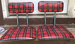 Vintage Black Red Plaid Folding Stadium Seat Bleacher Chair Canoe Chair Pair Unbranded Bleacher Chairs Stadium Seats Bleachers