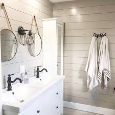 Shiplap Walls For Renovation Or Farmhouse New Build Light Gray Shiplap Walls In Bathroom With Oil Rubbed Simple Bathroom Decor Stylish Bathroom Ship Lap Walls