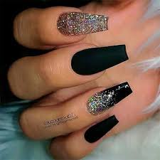 Black And Silver Ombre Nail Designs Black Coffin Nails With Gold Glitter With Accent Gold Glitter Nail Design In 2020 Gold Sparkle Nails Ombre Nails Glitter Nails Now