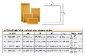 16 inches in width, 20 inches in height, and 4 inches of depth. Schluter Kerdi Board 12x6 Shower Niche Showers Shower Parts Tools Home Improvement Guardebem Com