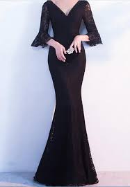 Black V Neck Lace Mermaid Floor Length Prom Dress Evening Dress Featuring Bell Sleeves And Crisscross Back Prom Dresses With Sleeves Evening Dresses Floor Length Prom Dresses
