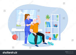 Physiotherapist Or Rehabilitologist Doctor Rehabilitates Elderly Patient Vector Flat Cartoon Illustration Physio Physiotherapy Injury Recovery Rehabilitation