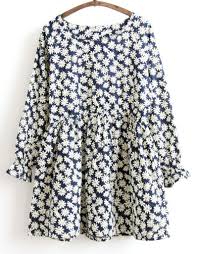 Navy Long Sleeve Daisy Print Dress Daisy Print Dress Cotton Blends Dress Long Sleeve Mini Dress