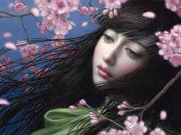Spring, flower, asian, pink, chie yoshii, cherry, art, brunette, blossom,  girl, HD wallpaper