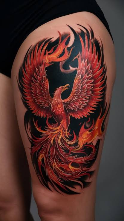 Phoenix Rising Thigh Tattoo Design