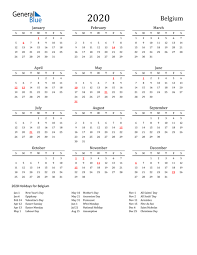 2020 Calendar Belgium With Holidays In 2020 Calendar Word Printable Calendar Template Calendar