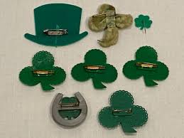 Lot of 8 St Patrick's Day Shamrock Clover Pins Plastic Chenille Erin Go  Bragh