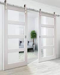 Four Panel Glass Double Sliding Barn Door In 2021 Sliding Doors Interior Glass Barn Doors Interior Double Sliding Barn Doors