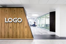 Mockup Your Logo On 08 Office Wall Realistically Corporate Interiors Office Interior Design Logo Wall