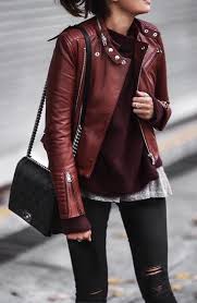 Burgundy Layers Womens Fashion Edgy Leather Jacket Outfits Fashion