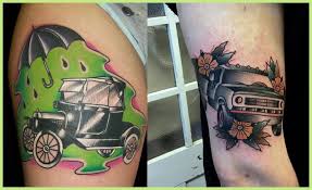 3d car tattoo on man left arm. 2 Car Tattoo Designs Ideas