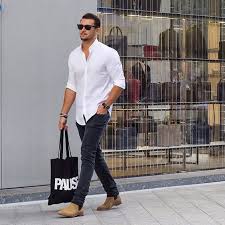 Slim fit jeans are without a doubt the most stylish type to be worn with chelsea boots. Men S White Long Sleeve Shirt Charcoal Skinny Jeans Tan Suede Chelsea Boots Black And White Print Canvas Tote Bag Mens Fashion Mens Outfits Mens Fashion Casual