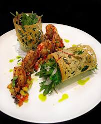 Grilled Spicy Shrimp Italian Salsa Tomato Olive Caper Pepperoncini Baby Kale Caesar Salad Sha Food Presentation Fine Dining Recipes Gourmet Food Plating