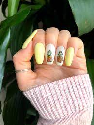 Yellow Coffin Shaped Nails With Pineapple Nail Art Nail Designs Summer Nail Designs Coffin Shape Nails