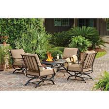 Hampton Bay Redwood Valley Black 5 Piece Steel Outdoor Patio Fire Pit Seating Set With Sunbrella Beige Tan Cushions H132 01574700 The Home Depot Patio Seating Sets Fire Pit Seating Patio Fire Pit