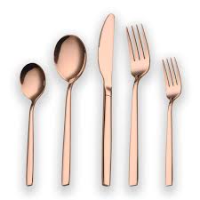 Harper's mirror copper finish sets a stunning table, while the flatware's slender, smoothly rounded lines feel lovely in the hand. Berglander 30 Piece Titanium Rose Gold Plated Stainless Steel Cutlery Set 30 Pieces Copper Flatware Set Copper Color Silverware Set Cutlery Sets Service For 6 Shiny Copper Buy Online In Oman At