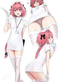 crossdressing, long hair, bulge, kneeling, Shijiu, FateApocrypha ,  FateGrand Order, Fate series, femboy, white stockings, white panties,  mask, zettai ryouiki, anime, simple background, two tone hair, fangs,  Astolfo (FateApocrypha), anime boys, 2D,