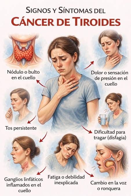 SEÑALES DE ALERTA DE CÁNCER DE TIROIDES A veces el cuerpo habla en silencio… y es importante escucharlo. 🔍 Estos síntomas pueden aparecer: • Ganglios inflamados en el cuello • Fatiga o debilidad s