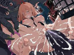 1boy abdominal bulge barefoot bat devil (chainsaw man) big  breasts big dom small sub bigger penetrating smaller blonde hair breasts  out chainsaw man clenched teeth completely nude cum cum