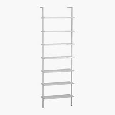 Wall mounted 4 tier industrial pipe ladder shelves with whitewashed rustic wood finish. Stairway White Ladder Bookcase Reviews Cb2