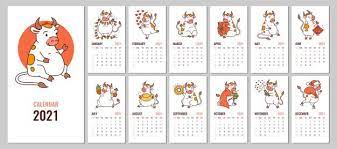 Design Of 2021 Calendar With Chinese New Year Symbol White Ox Vector Editable Template With Cover Monthly Pages And Cute Kids Characters Of Cow Week Starts O New Year Symbols Printable