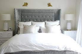 Its modern design fits practically any room and its versatile usage: Gray Velvet Tufted Headboard With White Greek Key Nightstands Transitional Bedroom