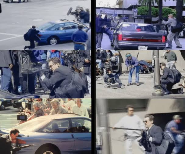 Filming the downtown LA shootout on location, AI generated