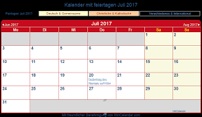 Kalender von timeanddate mit kalenderwochen und feiertagen für 2021, 2022, 2023 oder anderes jahr. Kalender Juli 2017 Zum Drucken Deutschland