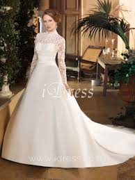 Traditional High Neck Long Sleeve Button Lace Bodice A Line Satin Skirt Wedding Dress With Bow At Bac Wedding Dresses Wedding Dresses Lace Modest Bridal Gowns