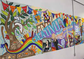 Ask students to bring their ideas and paint brushes to a blank wall. Related Image School Wall Art School Murals Mural Wall Art