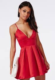 Satin Plunge Structured Skater Dress Red Dresses Skater Dresses Missguided Red Silk Dress Red Dress Skater Dress