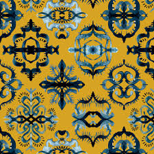 Colorful Fabrics Digitally Printed By Spoonflower Moroccan Calligraphy Brushstroke Pattern In Indigo Navy Blue And Mustard Yellow Home Decor Bohemian Wallpaper Yellow Tile