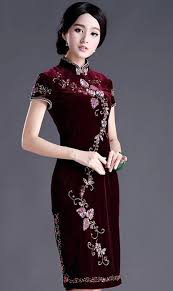 Classic Burgundy Pleuche Floral Embroidery Qipao Dress For Mother Idreammart Com Traditional Dresses Asian Dress Oriental Fashion