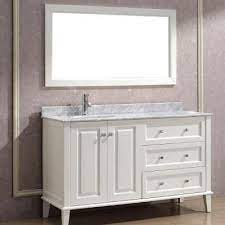 Double sink bathroom vanity cabinets are often mounted one above the other with space left for towels (and bottle traps) between. Art Bathe Lily 55 In Vanity In White With Marble Vanity Top In White And Mirror Lily 55 White Carrera The Home Depot White Vanity Bathroom Bathroom Sink Vanity Single Sink Bathroom Vanity