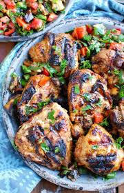 Shish Taouk Chicken Thighs With Mediterranean Eggplant Salad Are A Twist On Traditional Shish Taouk Gril Chicken Dinner Recipes Shish Taouk Chicken Shish Taouk