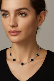 925 Sterling Silver Onyx Clover Station Necklace