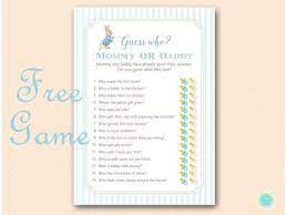 Free Guess Who Mommy Or Daddy Baby Shower Game Peter Rabbit Theme Magical Printable Fun Baby Shower Games Free Baby Shower Printables Daddy Baby Shower
