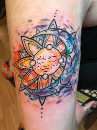 There are many lights and darks here that make for an amazing sun tattoo. Watercolor Sun And Moon Kennedy Bloomenstock Sin In Skin Bartonville Il Tattoos