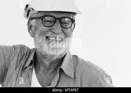 Amerikanische Bart Senior Engineer alter Mann Lächeln glücklichen Ruhestand  Konzept Schwarz und Weiß mit Platz für Text Stockfotografie