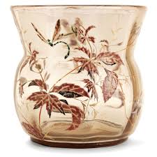 Emile Galle 1846 1904 Vase Ovoide En Verre Fume Transparent Large Col Ouvert Decor Emaille D Ancolies Et D Une Libellule Signature Emaillee E Galle A Na