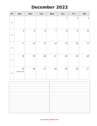 Download December 2022 Blank Calendar With Space For Notes Vertical