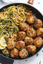 Garlic Butter Turkey Meatballs With Lemon Zucchini Noodles Recipe Turkey Meatballs Recipe Healthy Recipes Appetizer Recipes Meals