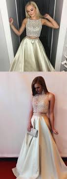 Elegant Two Piece Champagne Prom Dress With Beading Fashion Shiny 2 Piece Satin Party Dress With Bea Prom Dresses Ball Gown Piece Prom Dress Beaded Prom Dress