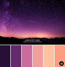 Maybe you would like to learn more about one of these? A Night Sky Inspired Color Palette Dark Purple Amethyst Peach Orange Color Palette Color Schemes Color Inspiration