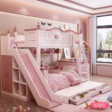 Children's Princess Bunk Bed with Slide and Storage Stairs Pink