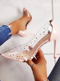 Rhinestone Embellished Transparent Thin Heels Boutiquefeel Women Shoes Womens Heels Leather Shoes Woman