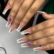 White Vtips With Diamonds Nails Polygel Nails Diamond Nails
