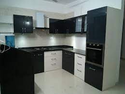 C Shaped Modular Kitchen Black White Kitchen Acrylic Kitchen Tall Unit Provision For Built In Appli White Kitchen Furniture Kitchen Design Black Kitchens
